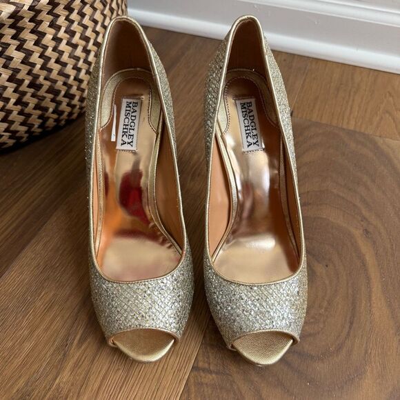 Badgley Mischka Humbie II Glitter Peep Toe Heel Gold Silver 9.5 - Picture 4 of 11